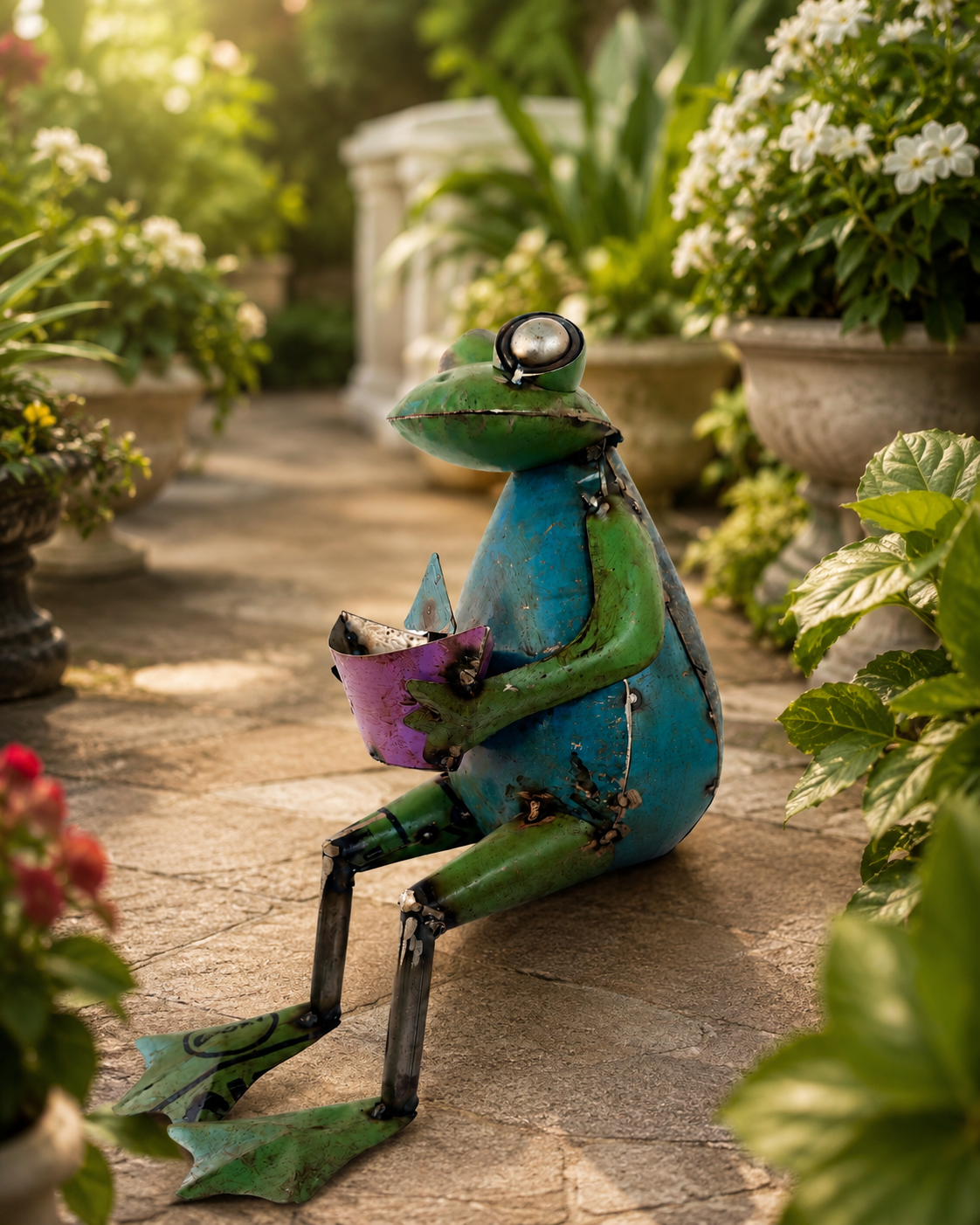 Recycled Iron Frog Holding Boat Figurine