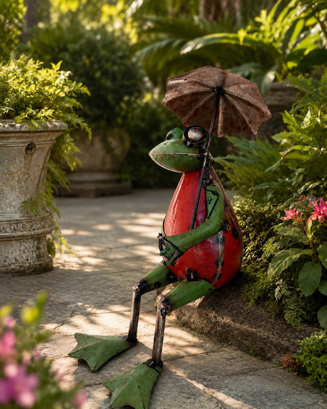 Recycled Iron Sitting Frog with Umbrella Garden Figurine