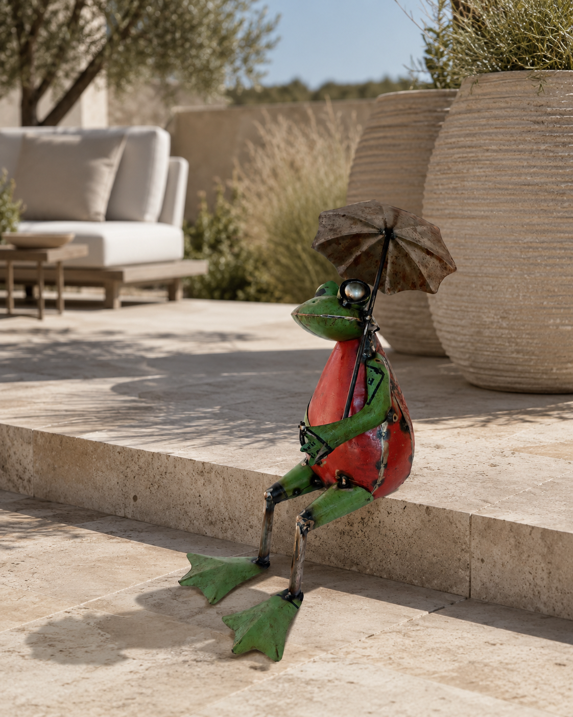 Recycled Iron Sitting Frog with Umbrella Garden Figurine