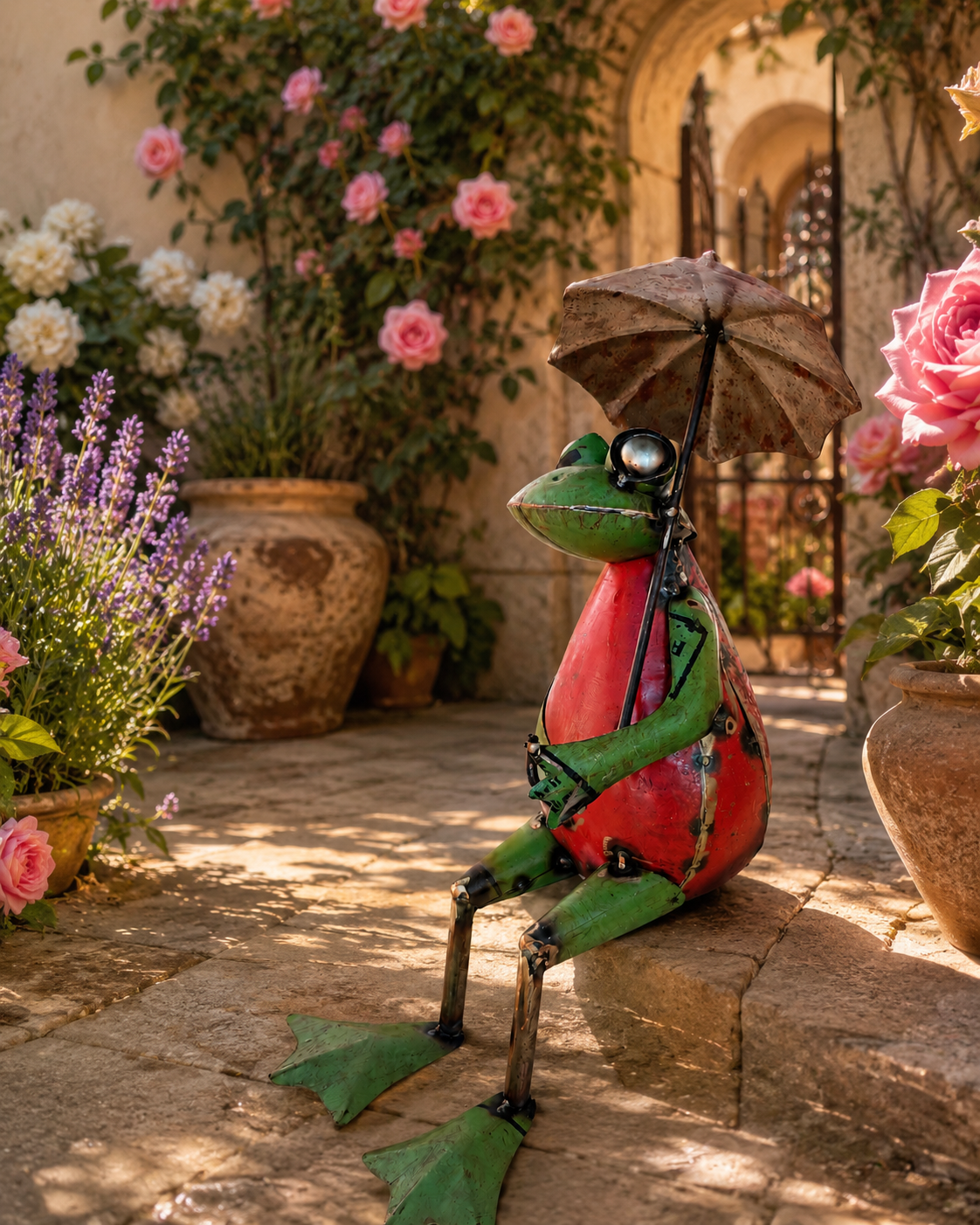 Recycled Iron Sitting Frog with Umbrella Garden Figurine