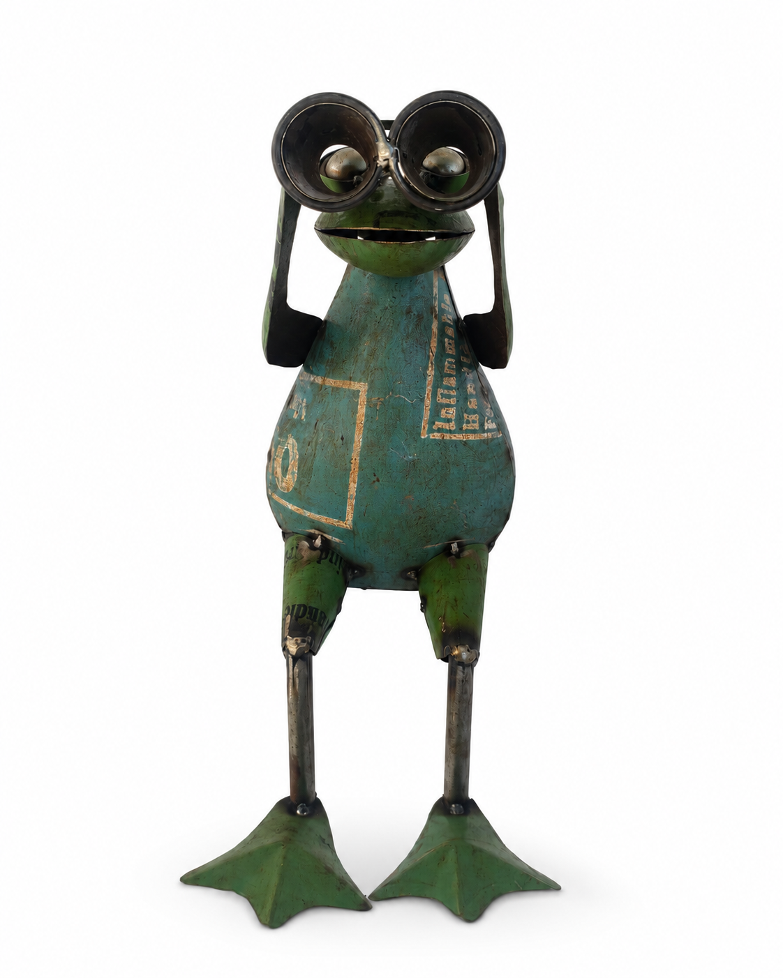 Recycled Iron Frog with Binoculars Garden Figurine