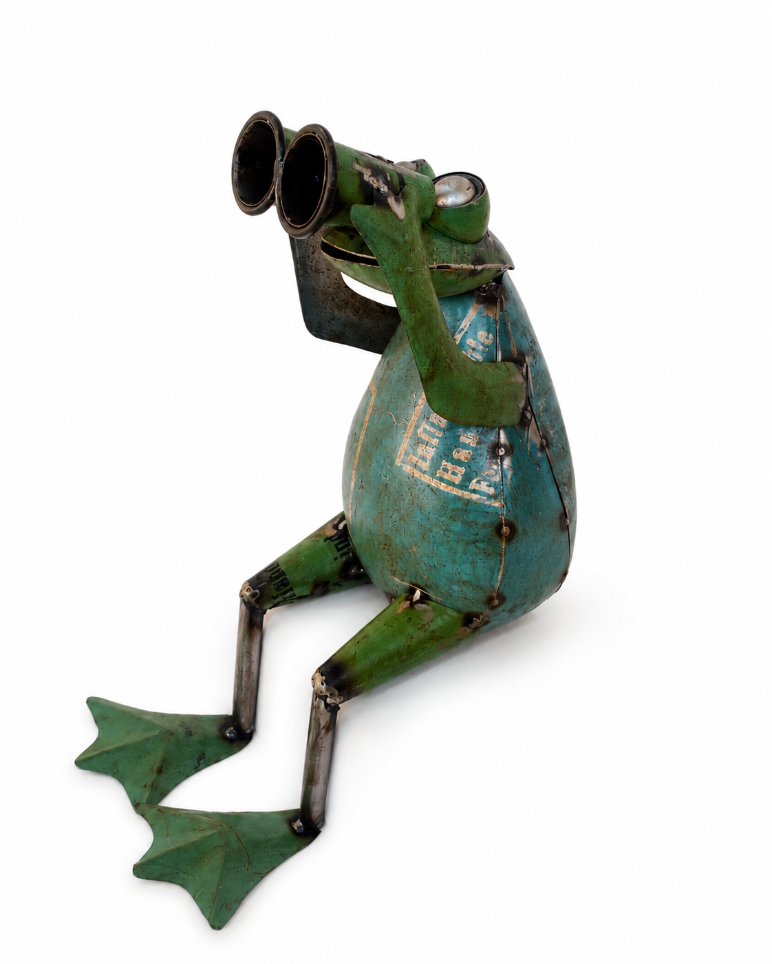 Recycled Iron Frog with Binoculars Garden Figurine