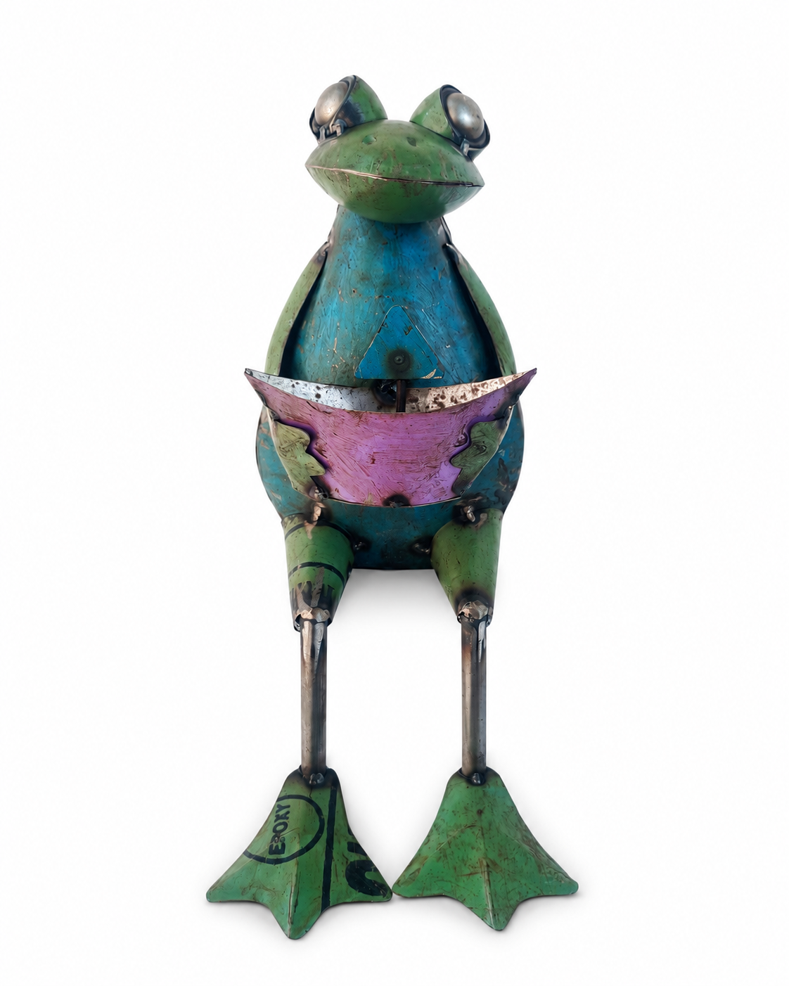 Recycled Iron Frog Holding Boat Figurine