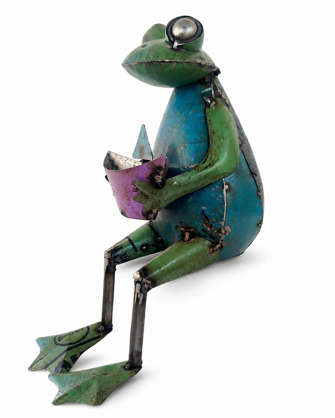 Recycled Iron Frog Holding Boat Figurine