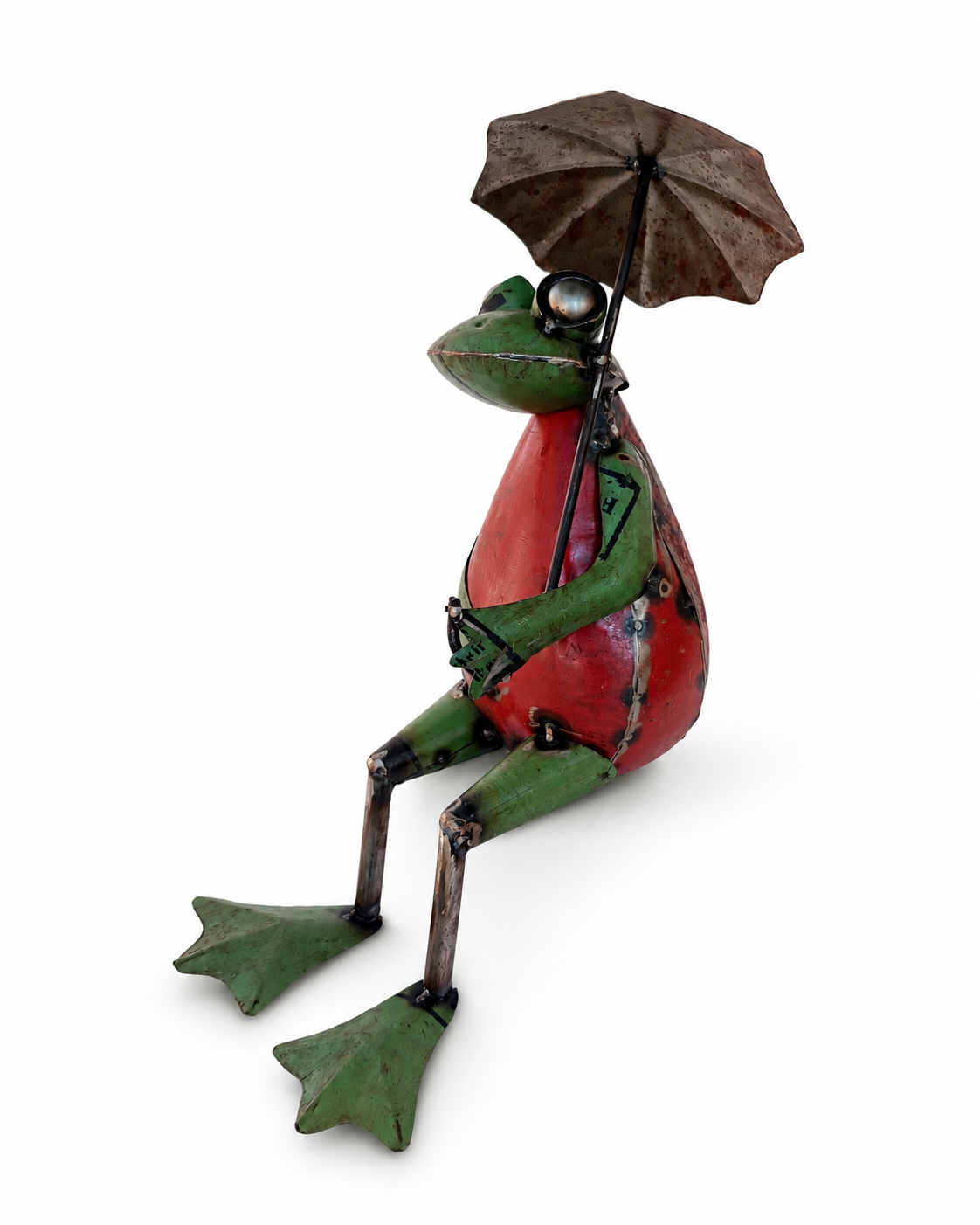 Recycled Iron Sitting Frog with Umbrella Garden Figurine