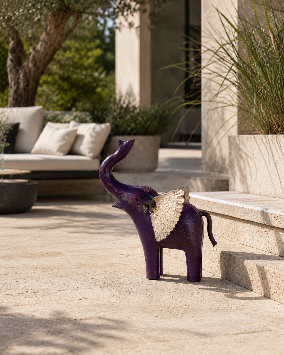 Handcrafted Recycled Iron Purple Elephant Wall Art with White Ear & Trunk Up