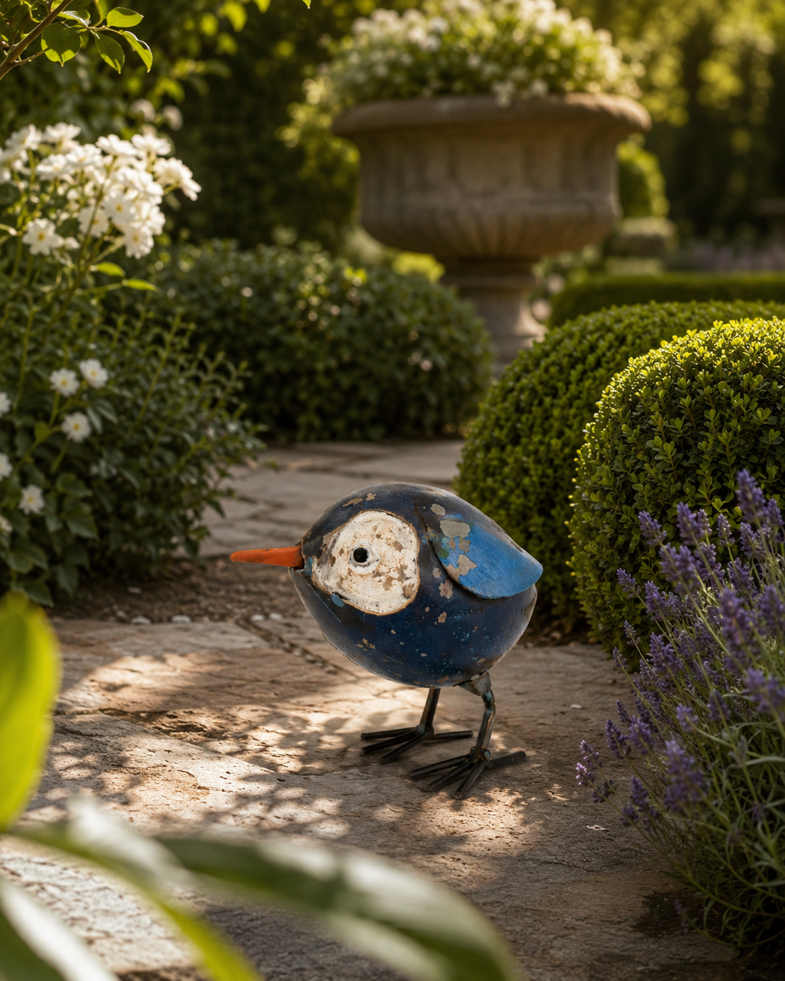 Recycled Iron Dark Blue Bird Figurine with Light Blue Wings & Orange Beak