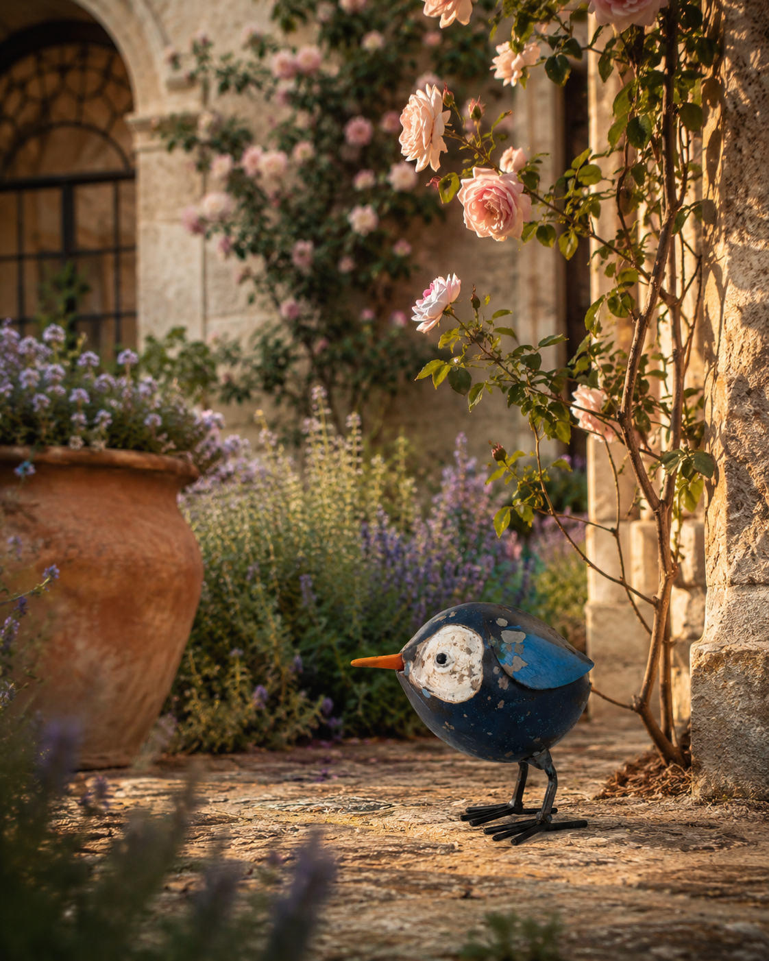 Recycled Iron Dark Blue Bird Figurine with Light Blue Wings & Orange Beak