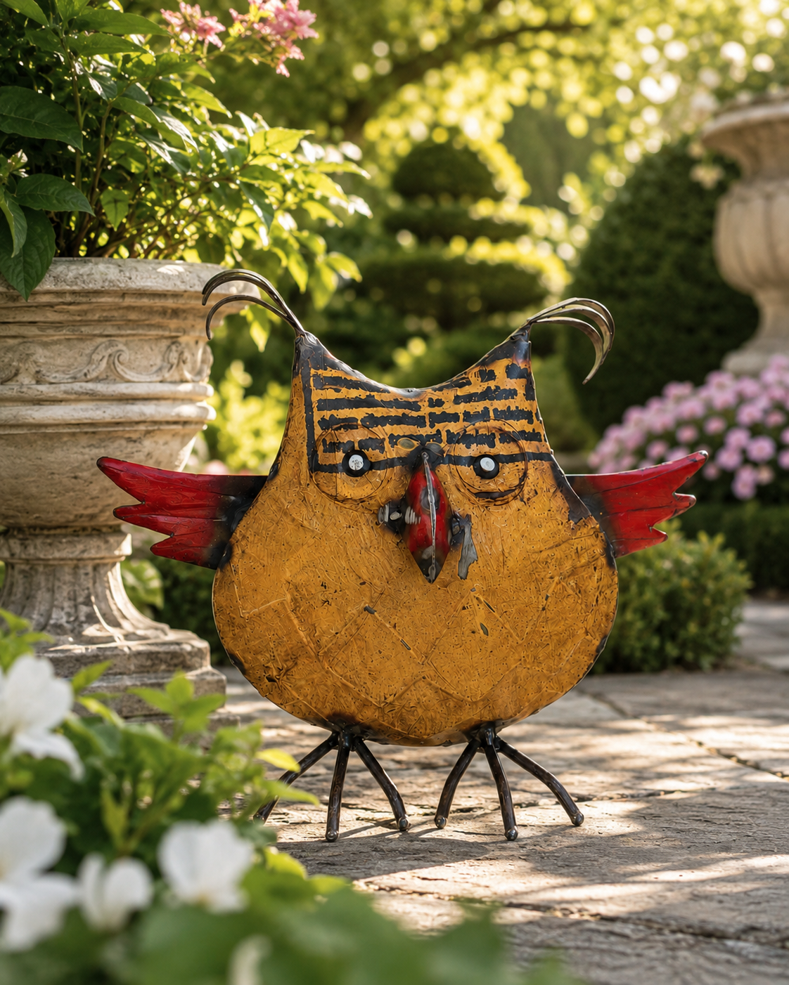 Recycled Iron Yellow Owl Figurine with Red Wings