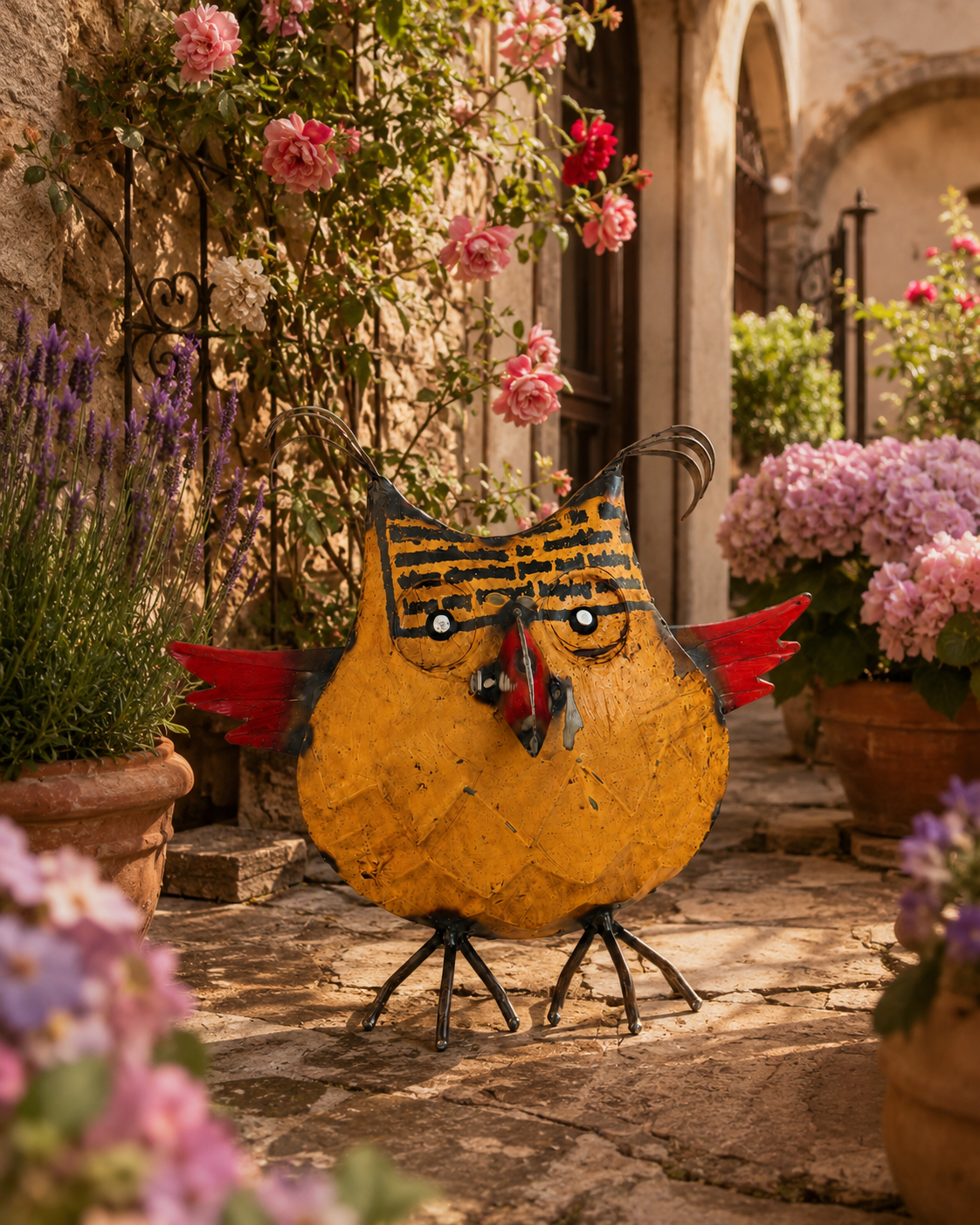 Recycled Iron Yellow Owl Figurine with Red Wings