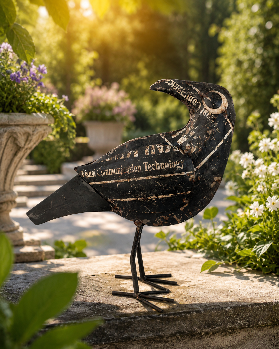 ecycled Iron Black Crow Figurine with Head Turned Back