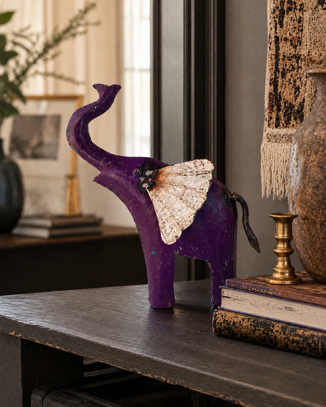 Handcrafted Recycled Iron Purple Elephant Wall Art with White Ear & Trunk Up