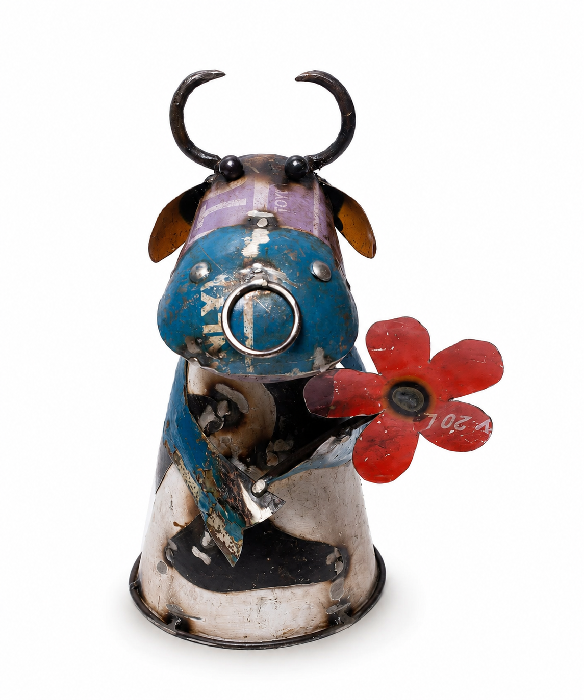 Recycled Iron Cow With Flower (Fence Topper)