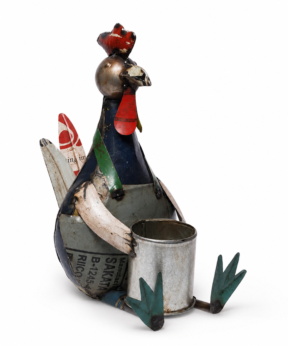 Recycled Iron Seated Rooster With Flower Pot