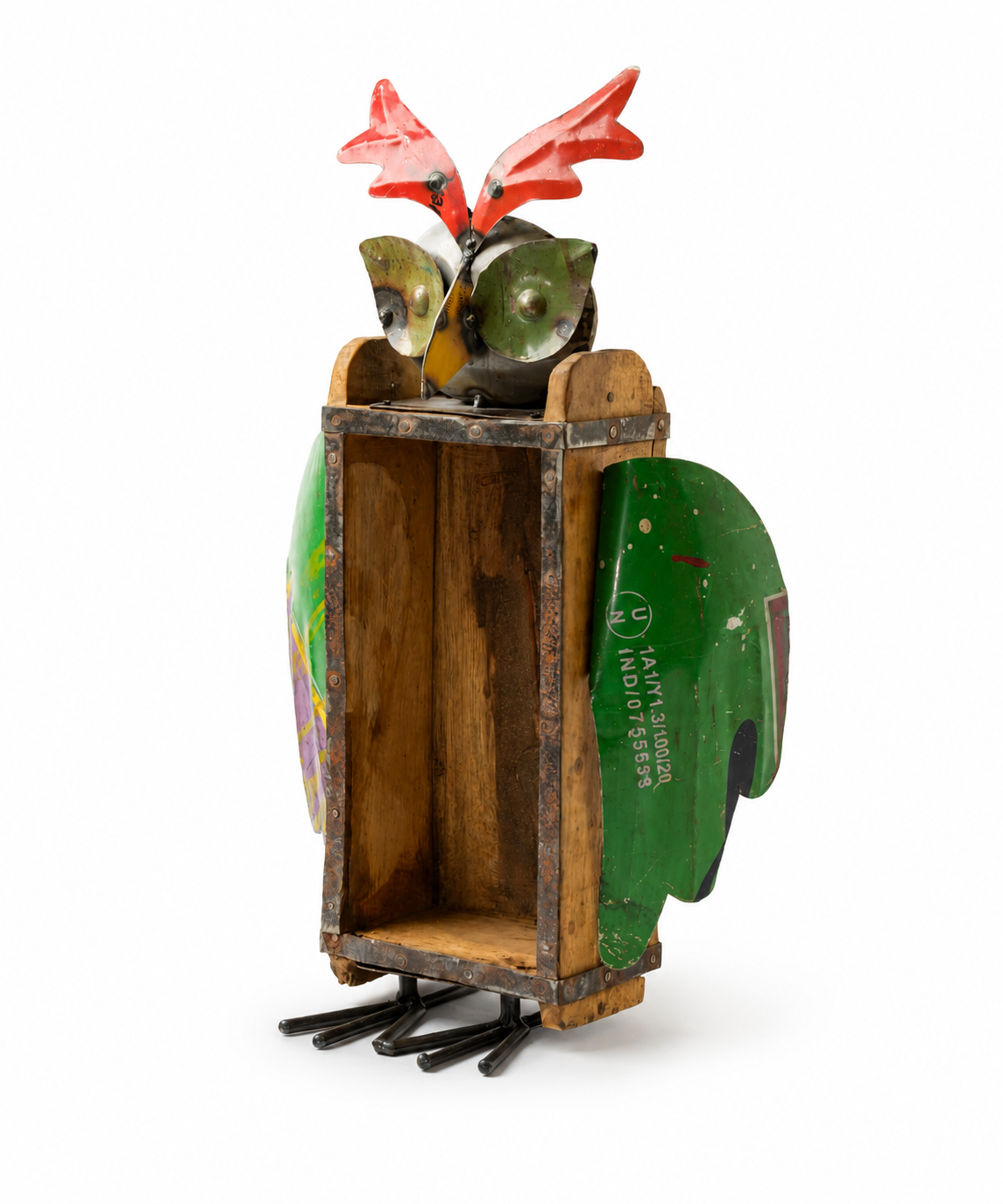 RECYCLED IRON OWL WITH BRICK MOULD BOTTLE HOLDER