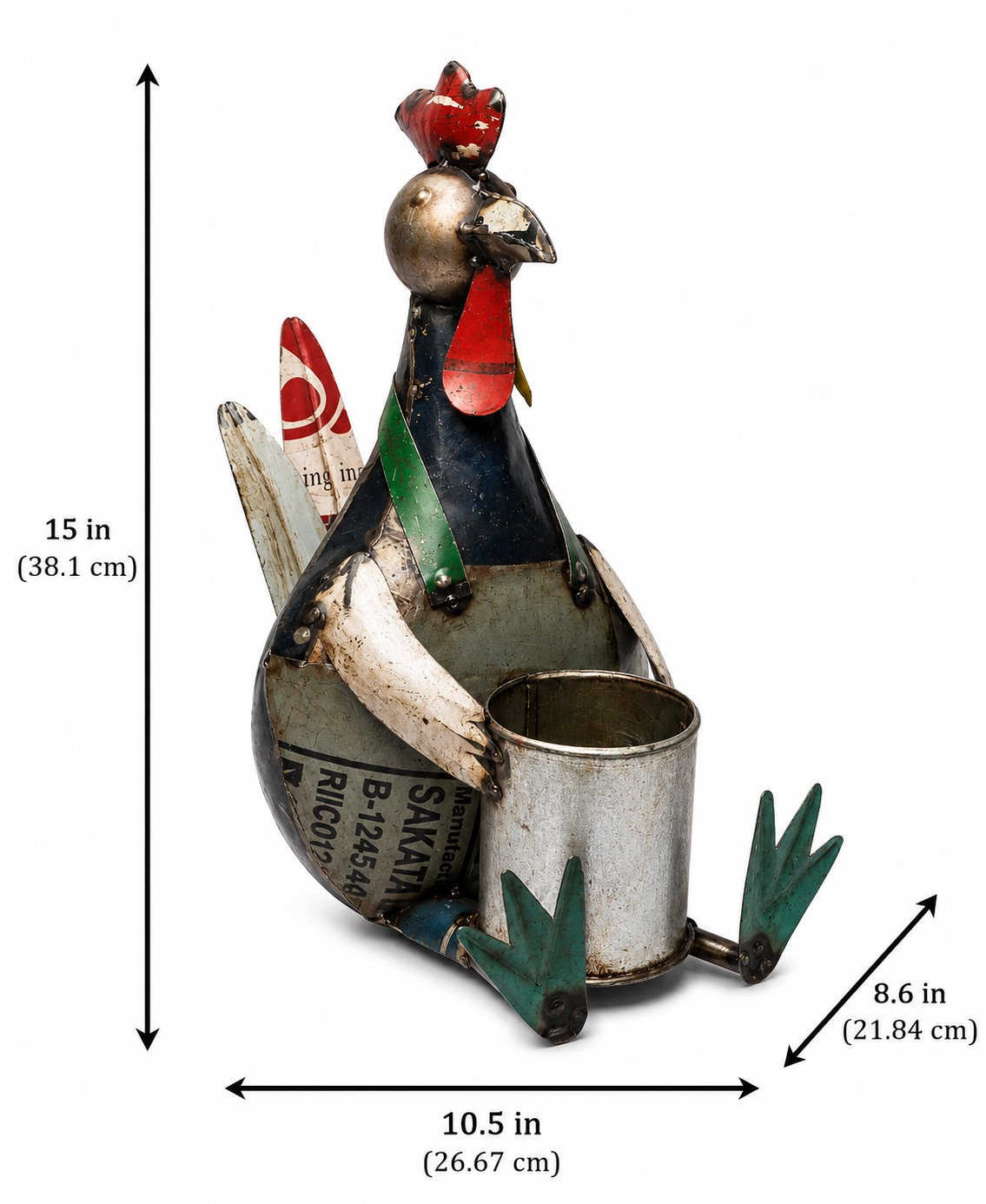 Recycled Iron Seated Rooster With Flower Pot