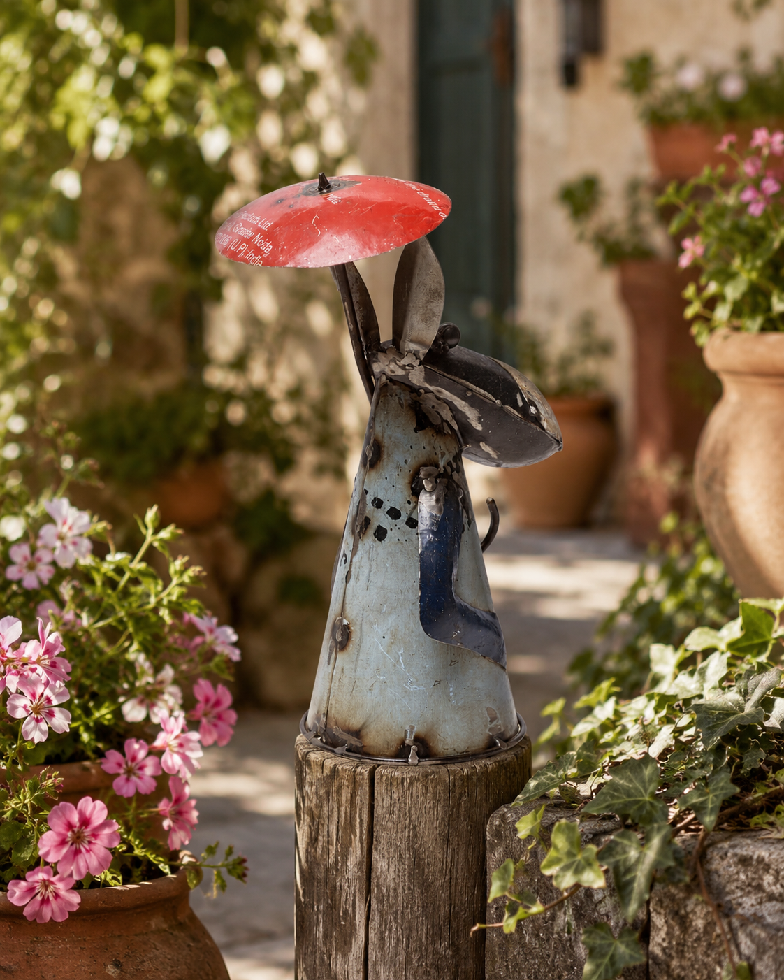 Recycled Iron Donkey With Umbrella (Fence Topper)