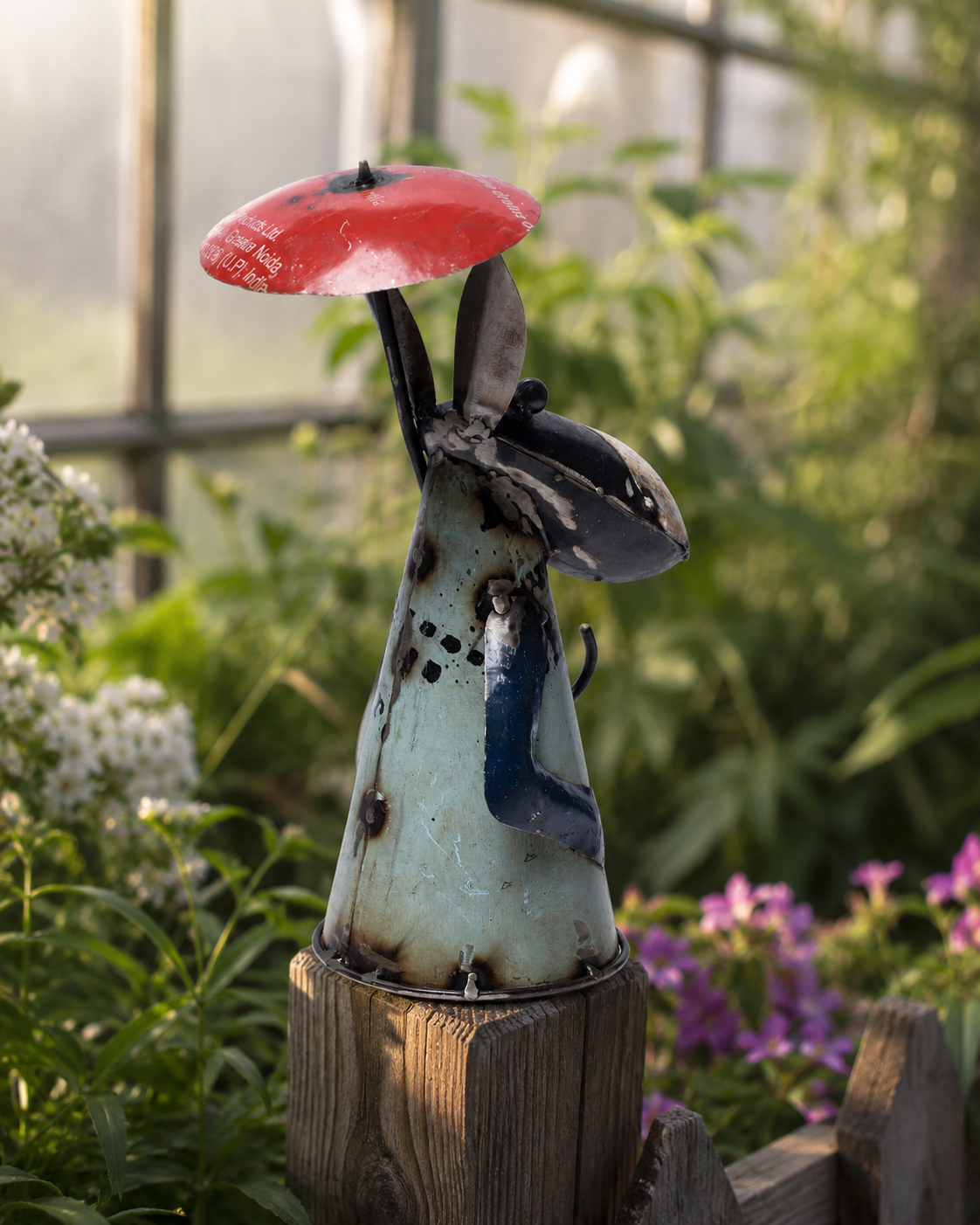 Recycled Iron Donkey With Umbrella (Fence Topper)