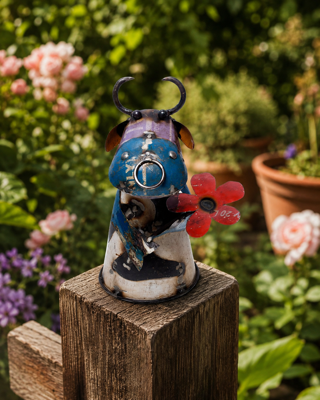Recycled Iron Cow With Flower (Fence Topper)