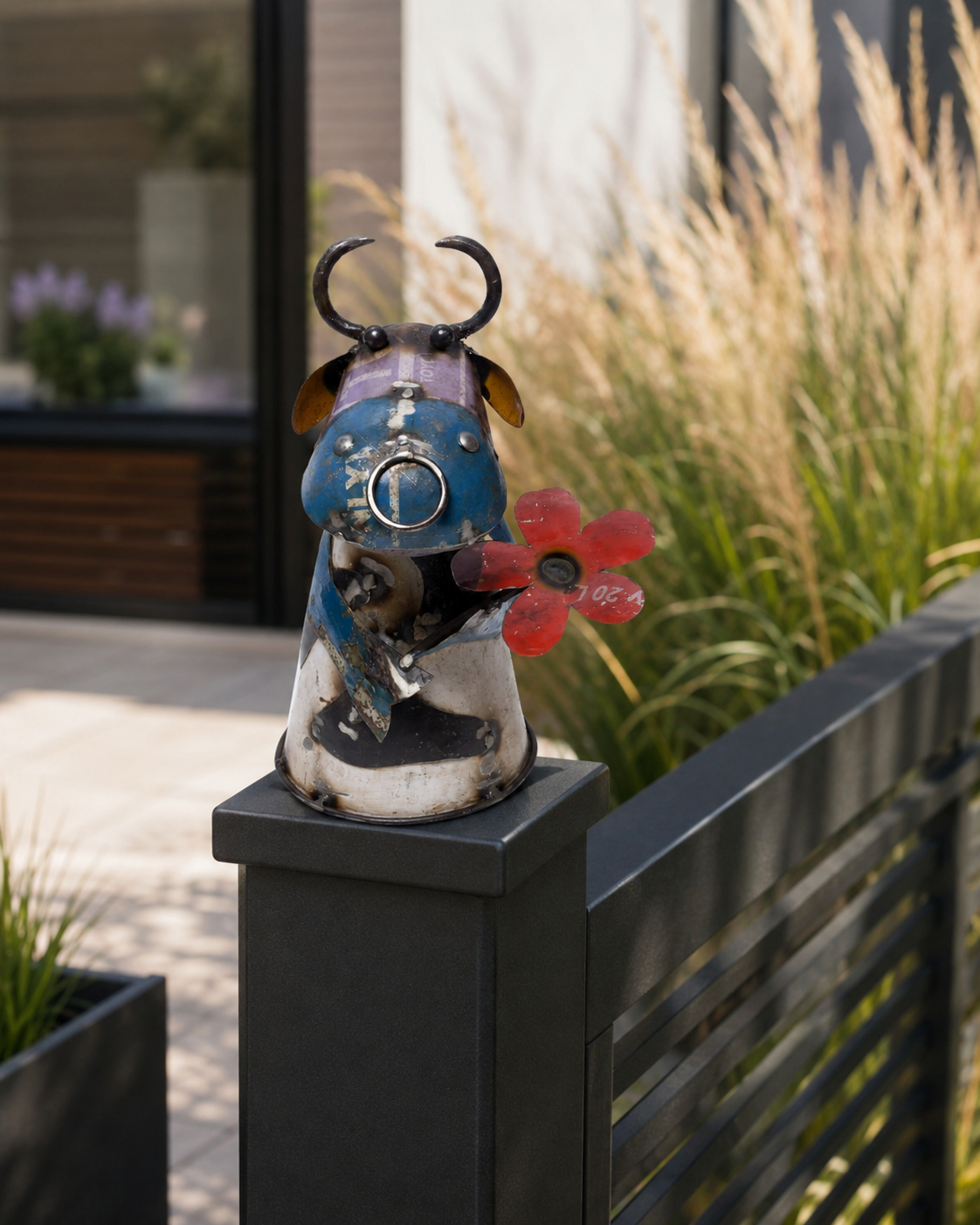Recycled Iron Cow With Flower (Fence Topper)