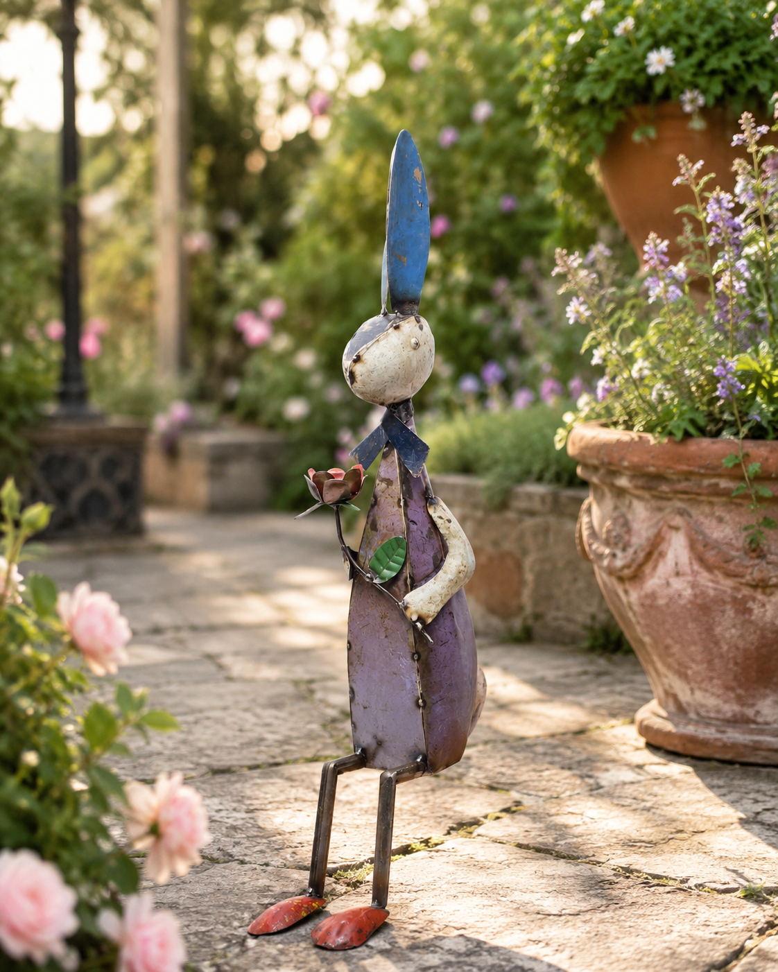 Recycled Iron Bunny With Flower