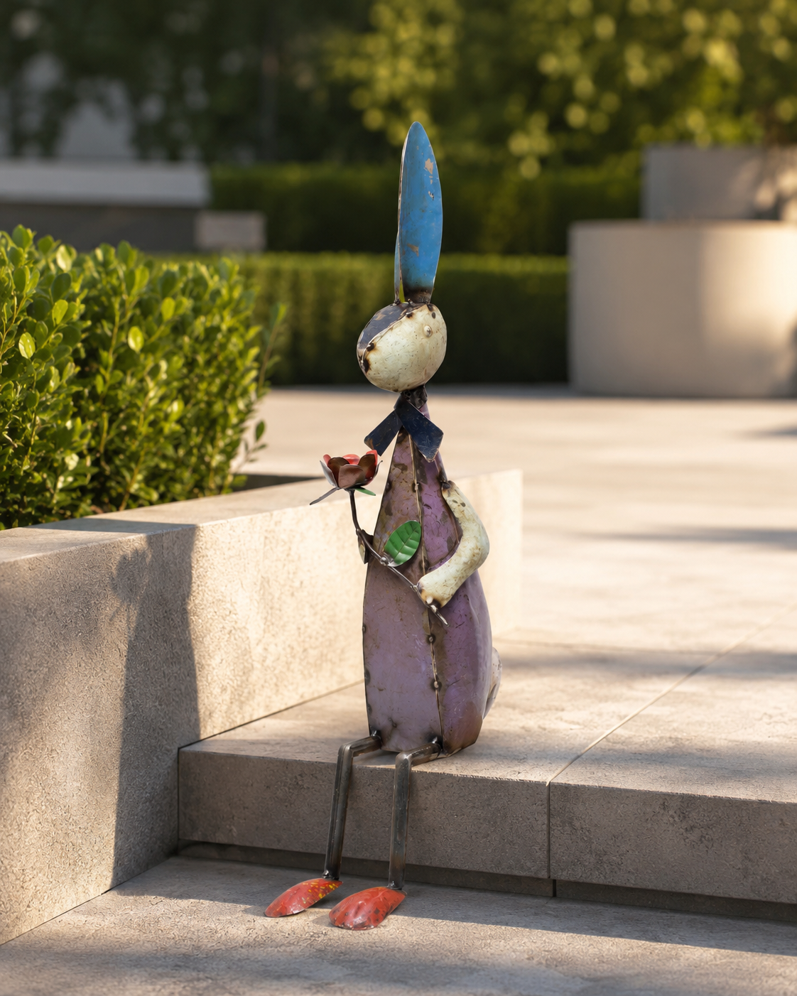 Recycled Iron Bunny With Flower