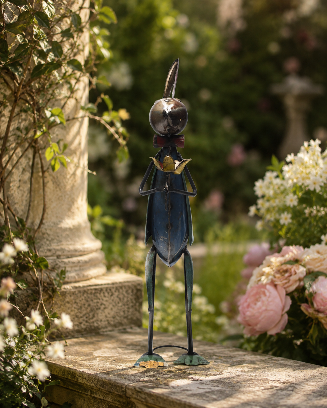 Recycled Iron Rabbit With Flower