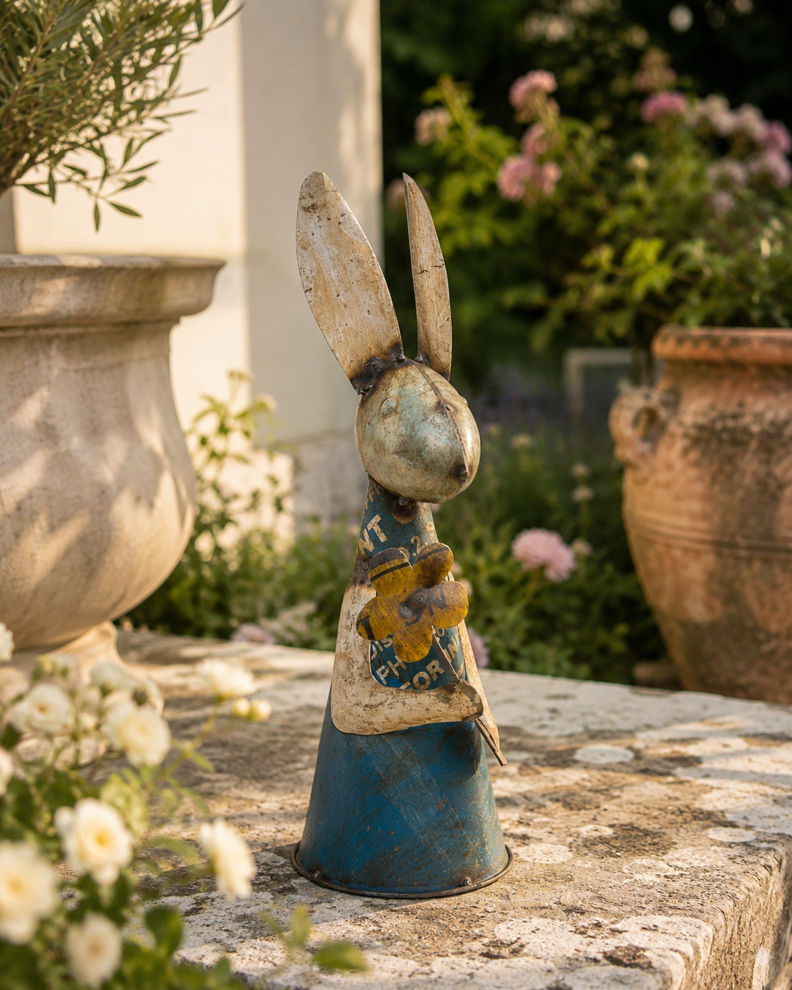 Recycled Iron Rabbit With Flower