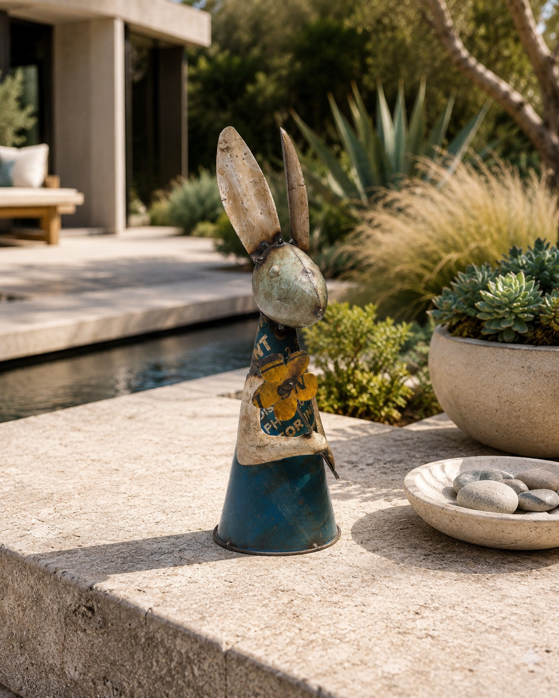 Recycled Iron Rabbit With Flower
