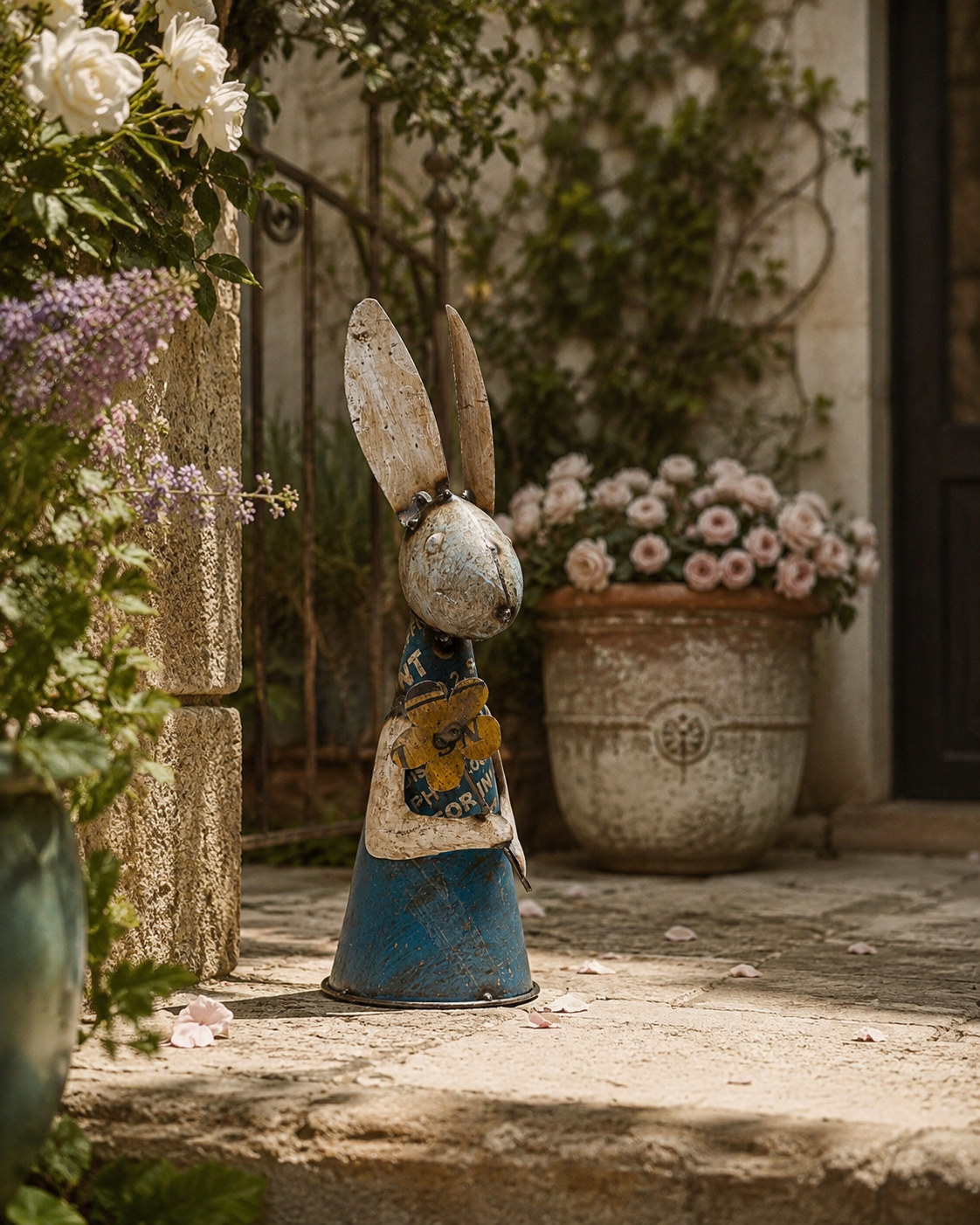 Recycled Iron Rabbit With Flower