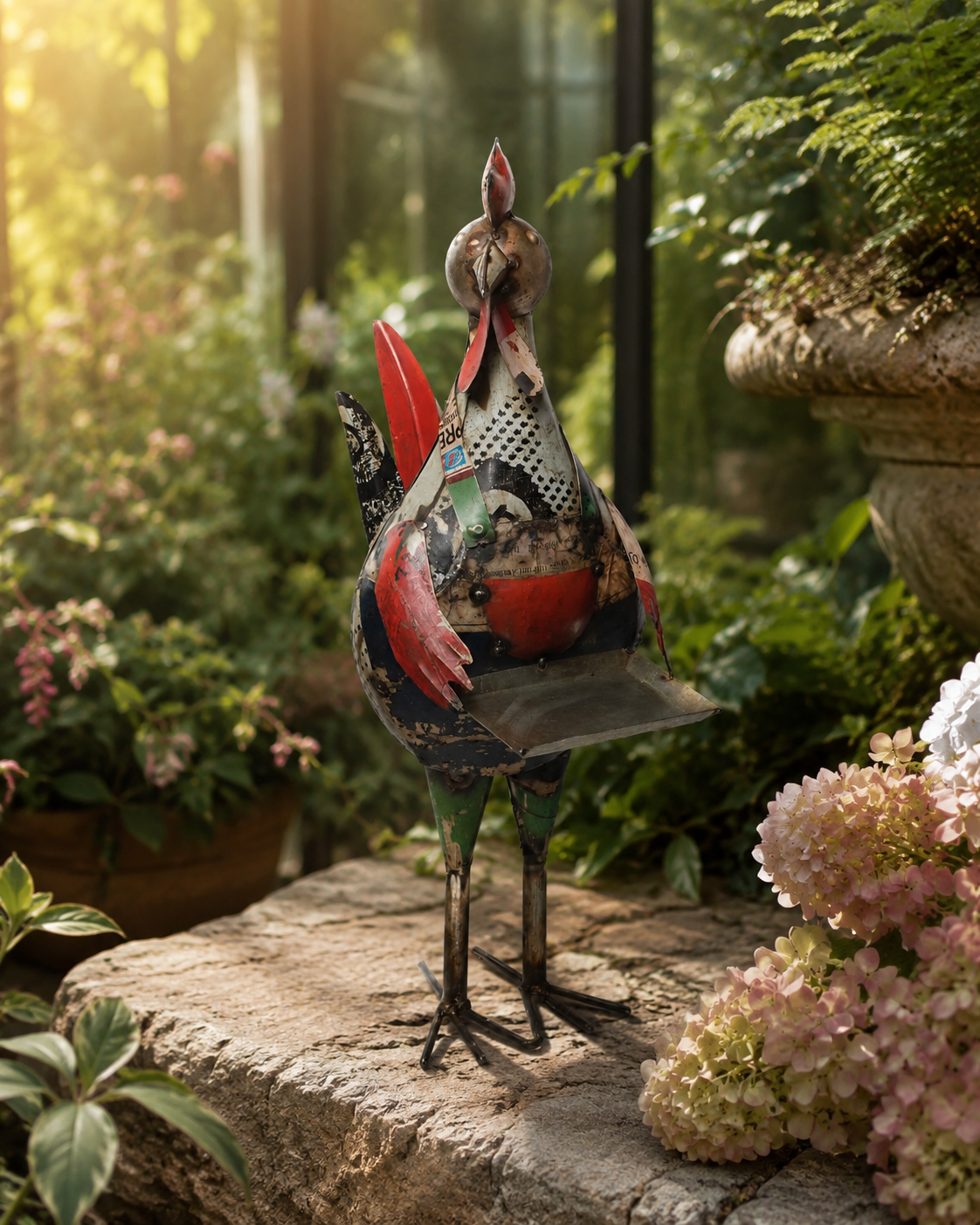 Recycled Iron Rooster With Tray