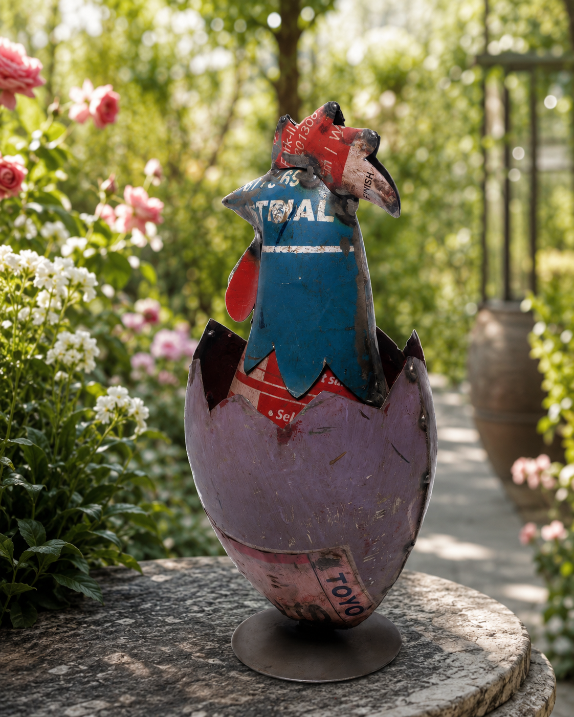 Recycled Iron Egg With Rooster