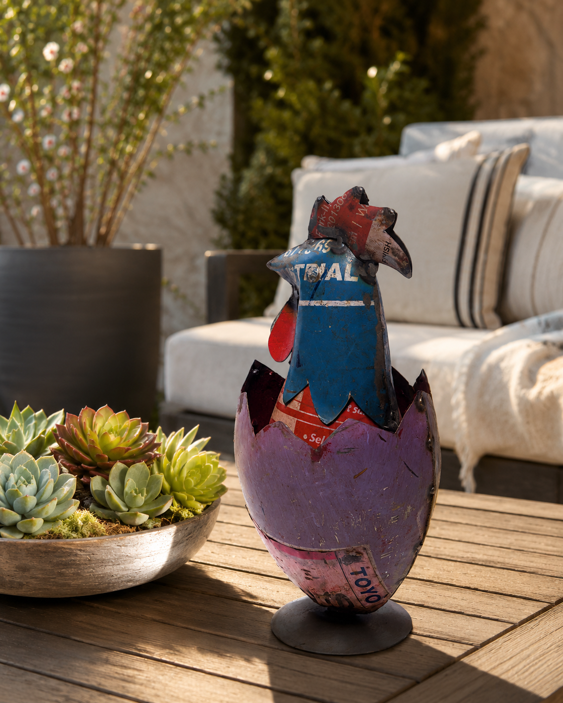 Recycled Iron Egg With Rooster