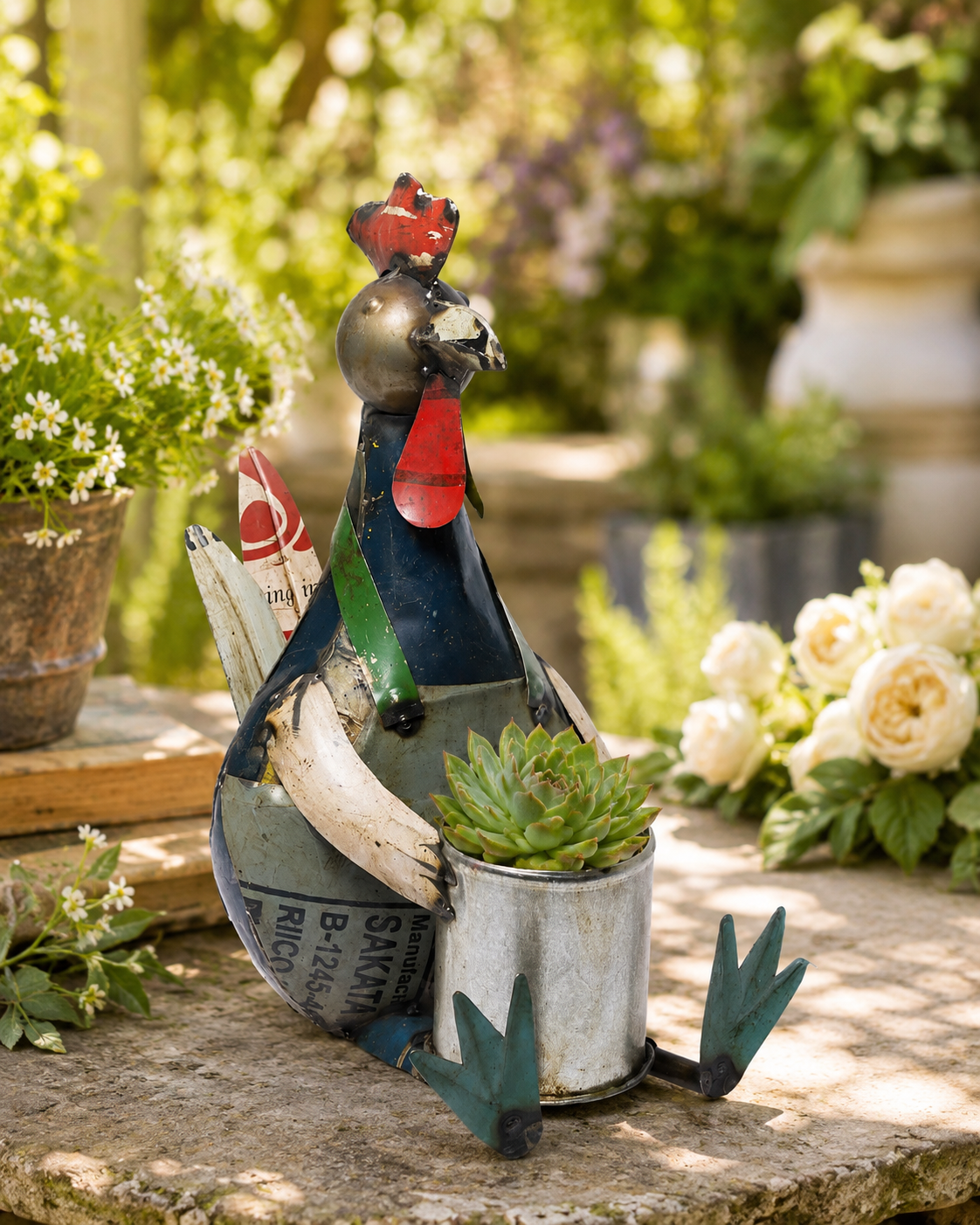 Recycled Iron Seated Rooster With Flower Pot