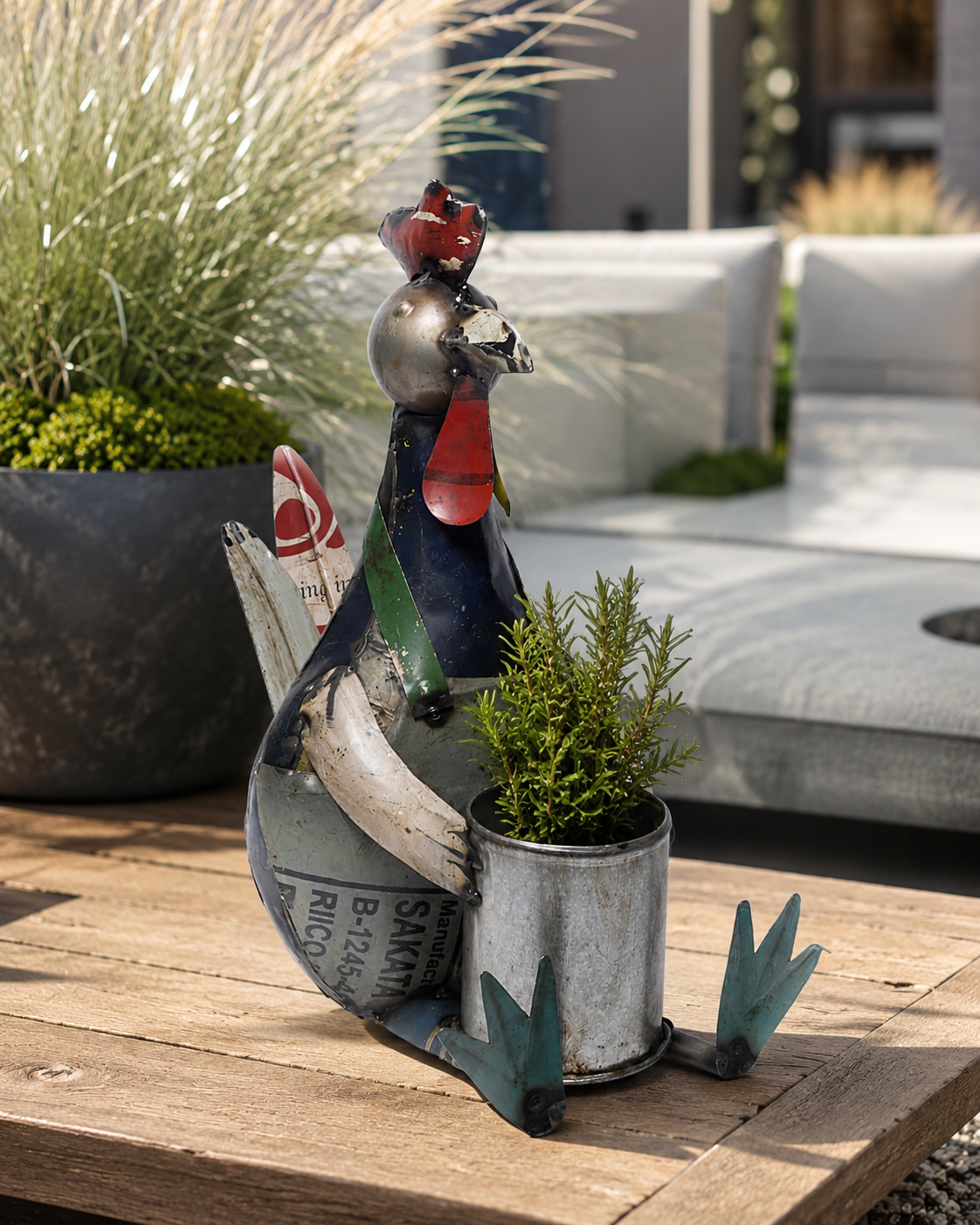Recycled Iron Seated Rooster With Flower Pot