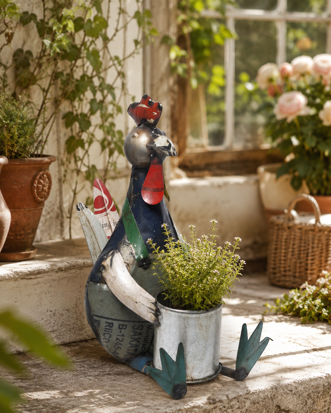 Recycled Iron Seated Rooster With Flower Pot