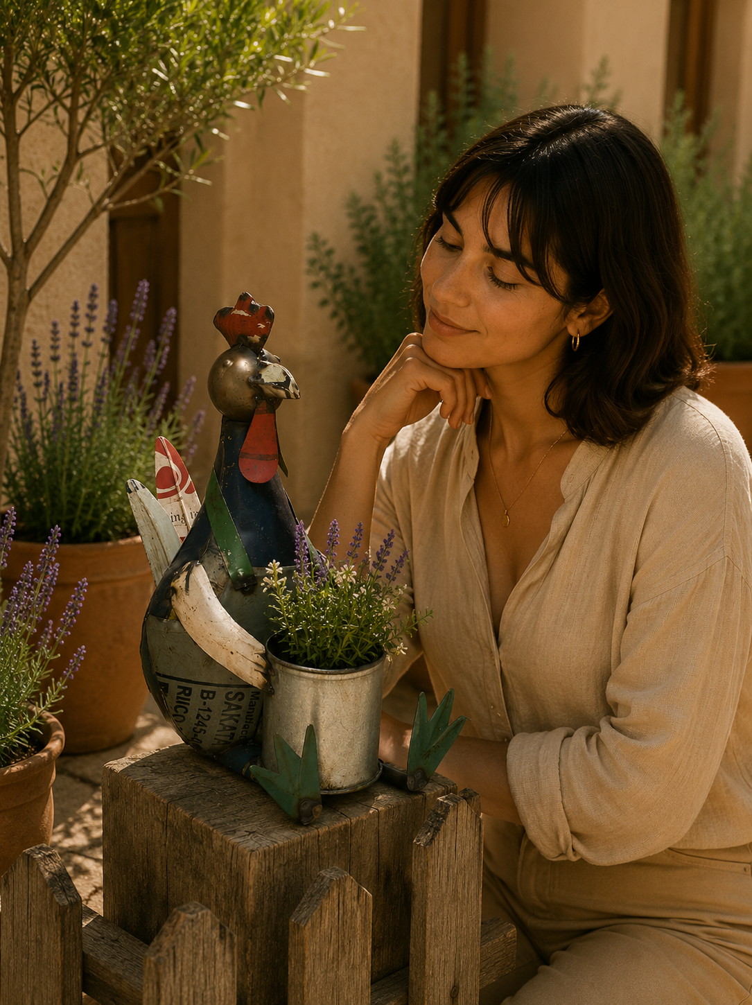 Recycled Iron Seated Rooster With Flower Pot