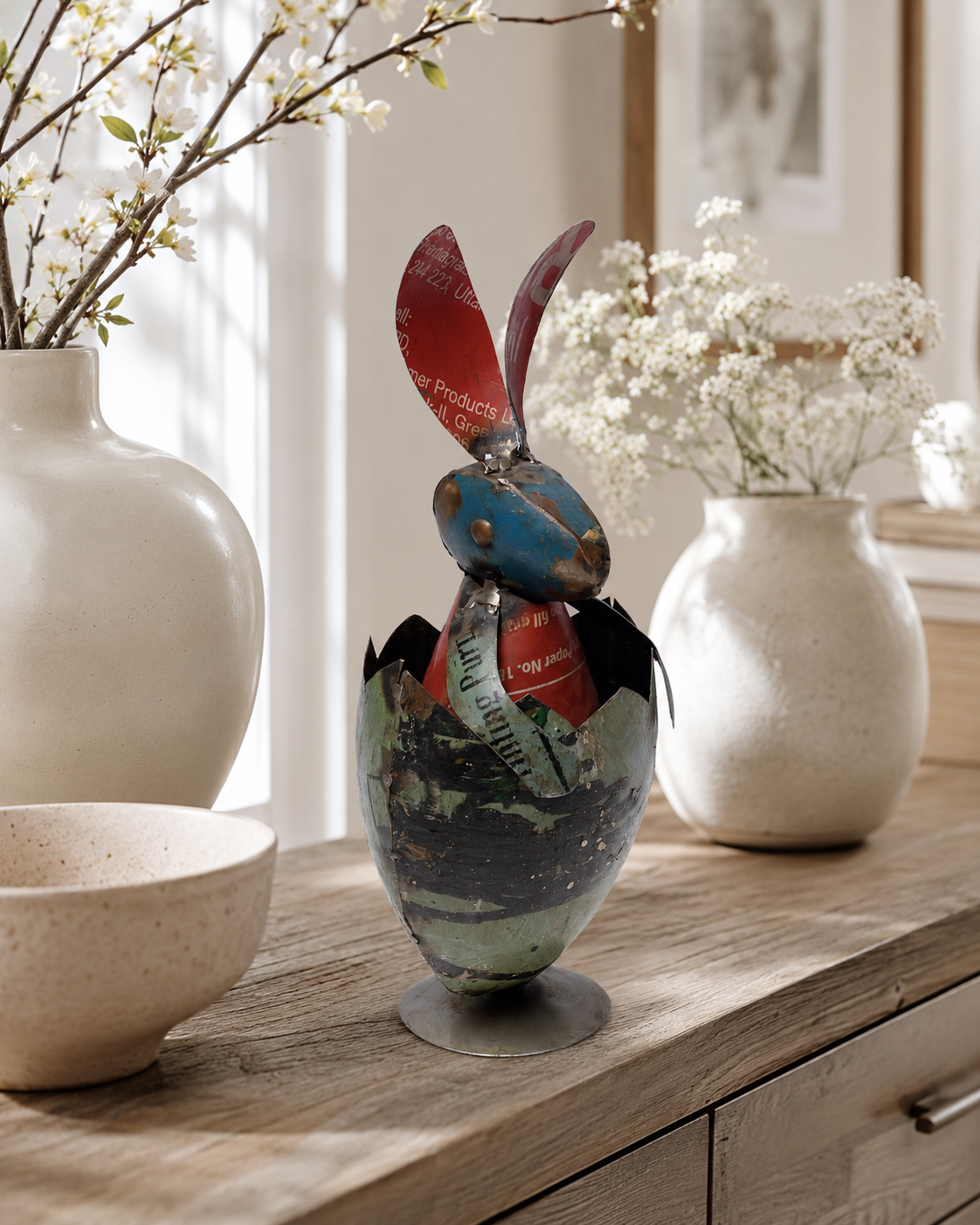 Recycled Iron Egg With Rabbit