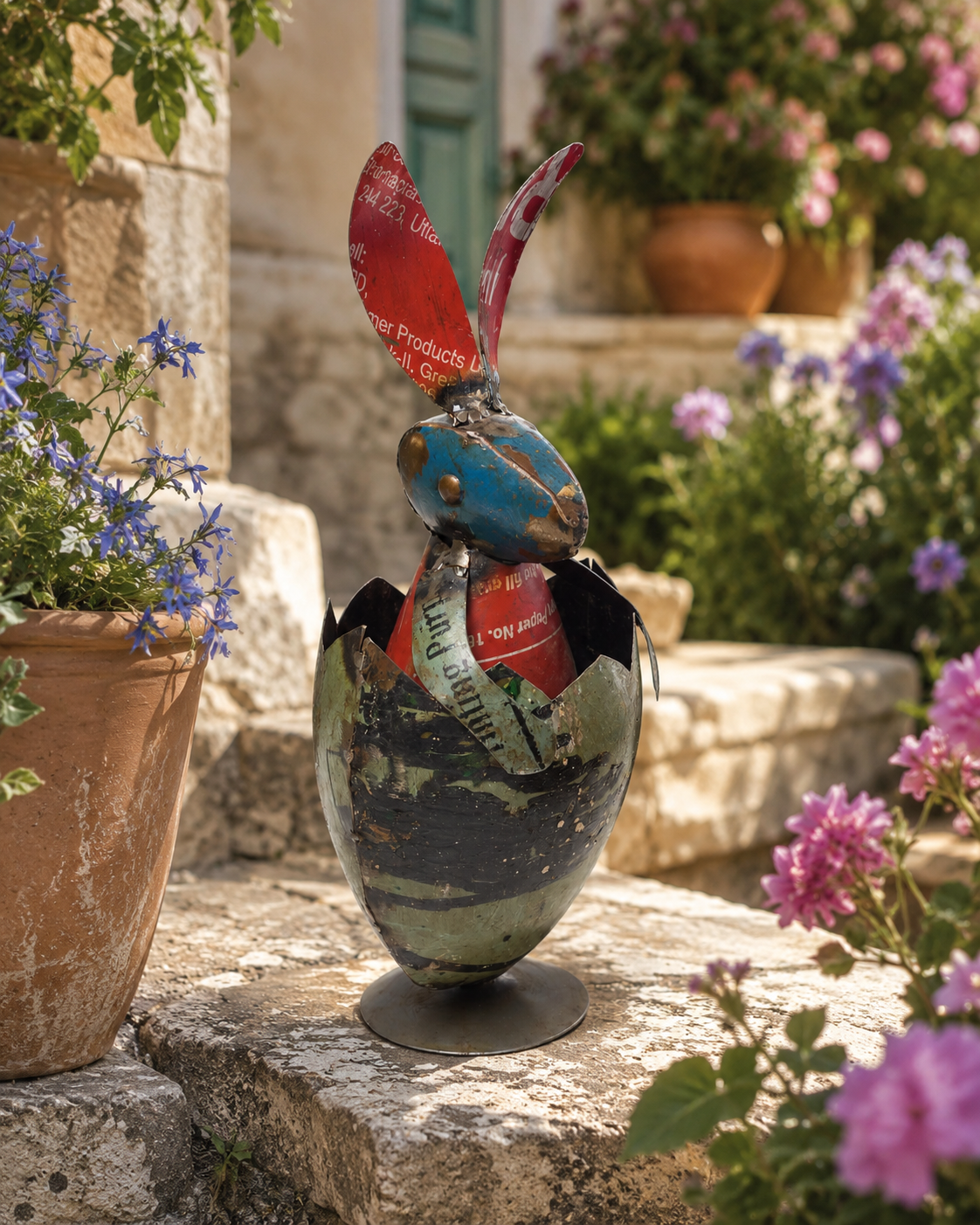 Recycled Iron Egg With Rabbit