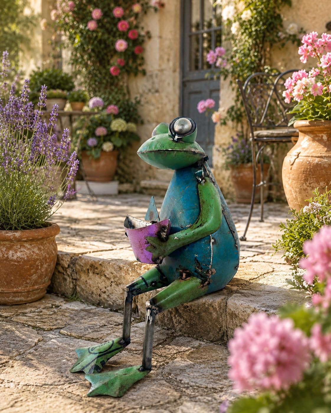 Recycled Iron Frog Holding Boat Figurine