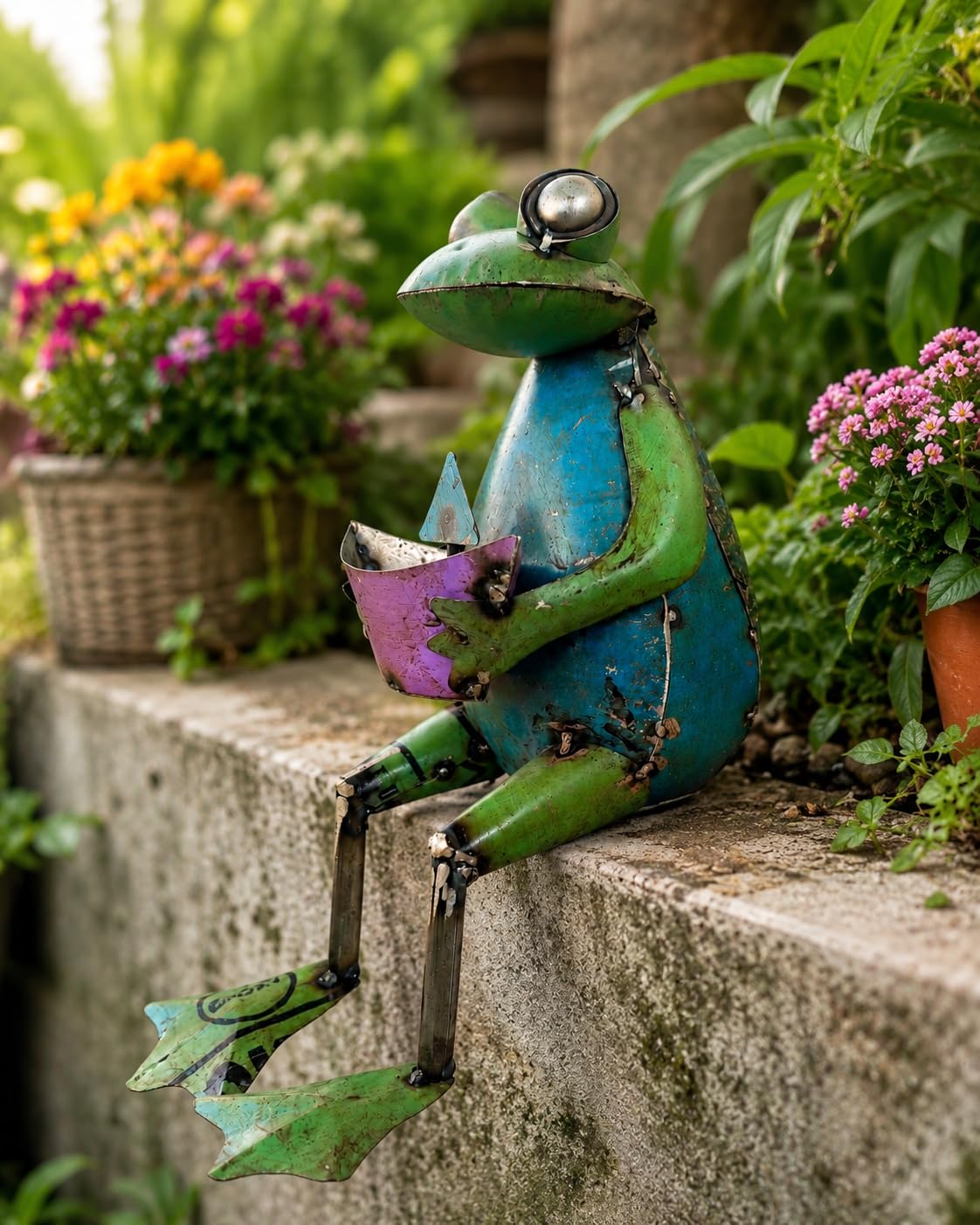Recycled Iron Frog Holding Boat Figurine