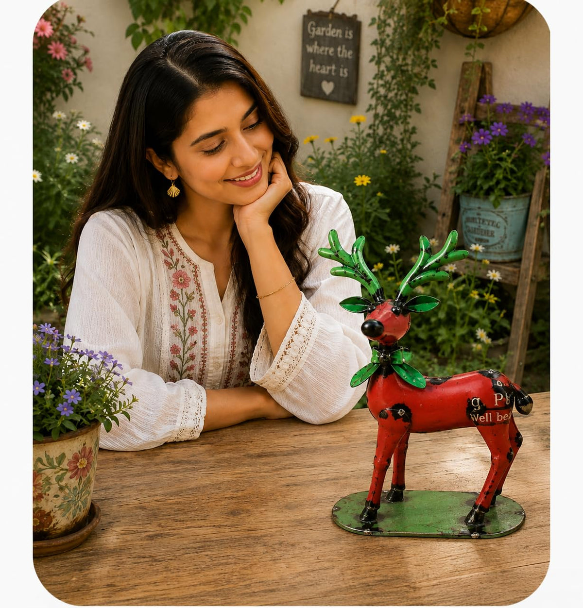 Maroon Recycled Iron Reindeer Figurine