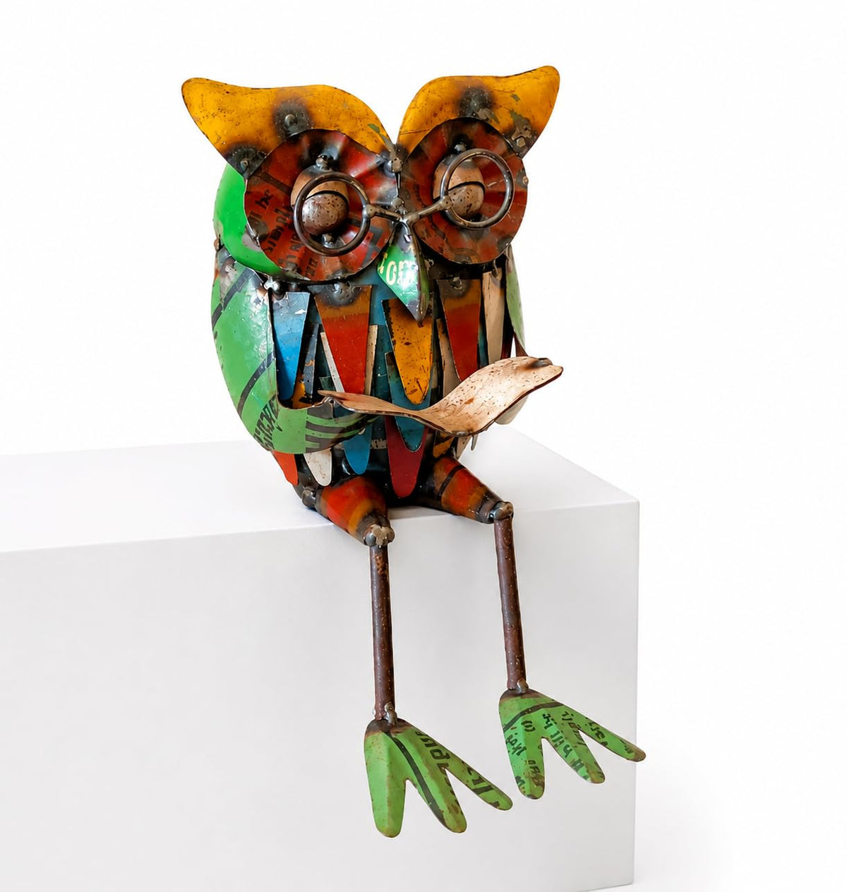 Recycled Iron Owl with Book Figurine