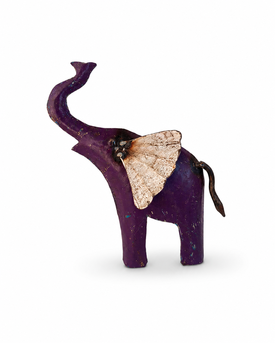 Handcrafted Recycled Iron Purple Elephant Wall Art with White Ear & Trunk Up